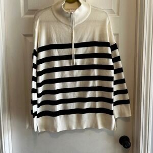 Wiholl Striped Knit Sweater Mock Neck‎ Ivory and Black NWT